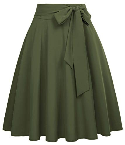 Belle Poque Vintage 1950s Elegant Solid Color High Waist Plain Tea Skirts for Womens Dark Olive Green(561-15) Large