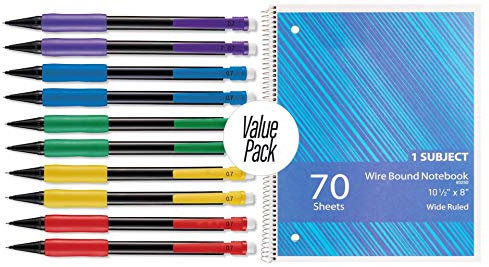 1 Notizbuch, College, liniert, Spiralbindung, Schulheft, mit weichem Griff, Druckbleistifte, 0,7 mm, 10 Stück, 2 HB – Vorteilspack