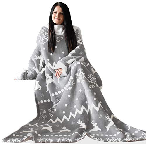 HOMELEVEL Sherpa Kuscheldecke mit Ärmeln Ärmeldecke 200cm x 150cm Hellgrau Norweger/Sherpa