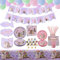 LSJDEER El conjunto de suministros de fiestas de cumpleaños del gato, la vajilla de gatito incluye banner, platos, manteles, tazas, globos, pajas de 20 huéspedes que grandes multicolor