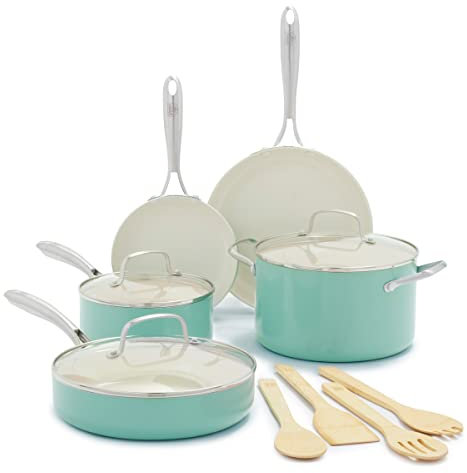 GreenLife Artizan Batterie de Cuisine en Antiadhésive Céramique Saine, 12 Pièces, Sans PFAS, Poignée en Acier Inoxydable, Compatibles avec l'induction, Lavable au lave-vaisselle, Va au Four, Turquoise