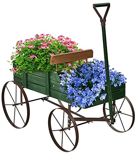 RELAX4LIFE Blumenständer mit 4 Rädern aus Metall, Pflanzwagen aus Massivholz, Holzwagen bis zu 15 kg belastbar, Blumenkasten für Garten & Balkon & Terrasse, Blumenwagen Bollerwagen Deko (Grün)