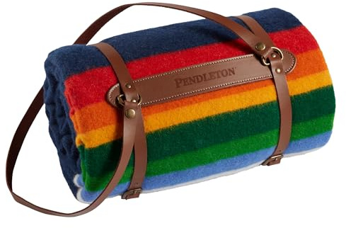 Pendleton National Park Throw with Leather Carrier 54 x 72 - Premium Wool Throw, Iconic Stripes, Durable Blanket for Home & Outdoor Adventures - Crater Lake Navy