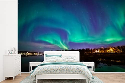Selbstklebend Tapete Wandpapier Wandaufkleber Fototapete Tapeten Wanddeko 330x220 cm Nordlichter - Wasser - Reflexion - Norwegen