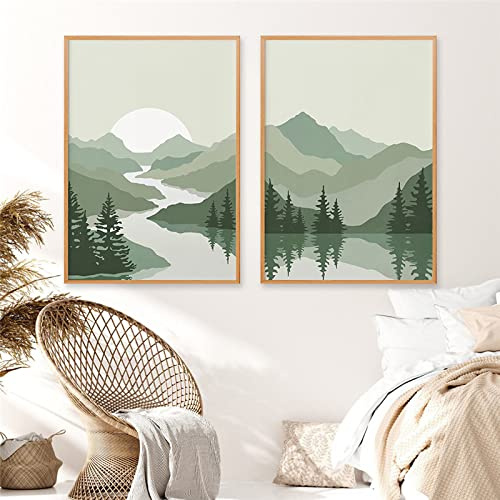 iYoucase Reise Landschaft Leinwand Gemälde Salbeigrün Posterdruck Abstrakte Berge Wand Bilder Bild Wohnzimmer Dekoration Wohnkultur 50x70cmx2 Ungerahmt