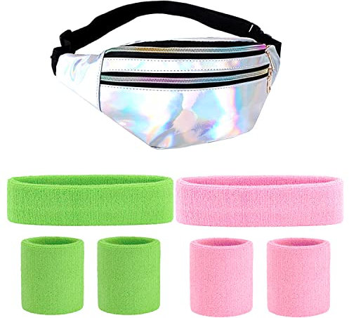 80er Jahre Bauchtasche Stirnband Neon, 80er 90er Jahre Outfit Damen Accessoires mit Armbänder und Stirnband Verstellbarer Hüfttasche Wasserdicht für Retro Party Thema Karneval