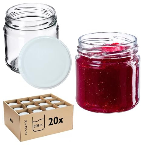 KADAX Bocaux hermétiques en verre de 200 ml, petits plateaux avec couvercle à vis pour fruits en conserve, confitures et miel (lot de 20, blanc)