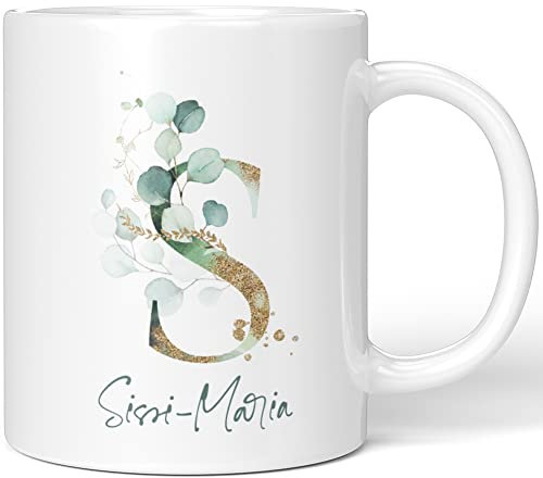 JUNIWORDS Tasse, Sissi-Maria, Name Anfangsbuchstabe Initial Alphabet Floral Buchstabe S Monogramm Motiv, Weiß (5481646)