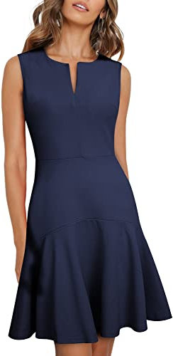 HOMEYEE Damen Elegant V-Ausschnitt Ärmellos Rockabilly Swing Sommer Freizeitkleid Mini Business Cocktailkleid A311 (S, Marineblau)