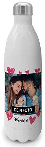 PhotoFancy® - Personalisierte Trinkflasche 'Herzen' - Thermo-Trinkflasche mit eigenem Foto selbst gestalten - Thermosflasche aus Edelstahl - 1000 ml - Layout Herzen