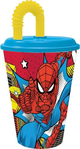 STOR Marvel Spiderman Spider-Man Plastikbecher für Kinder, blau und gelb, 430 ml, mit Strohhalm und flexiblem Deckel