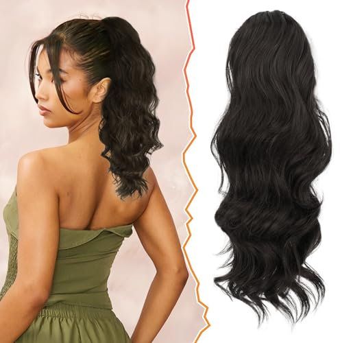 BARSDAR 40 cm Locken Kordelzug Pferdeschwanz Haarteil Haarverlängerung, Wellige Lockige Pferdeschwanz Verlängerung Synthetisches Haarteil Ponytail Extension für Frauen und Mädchen,Natürliches Schwarz