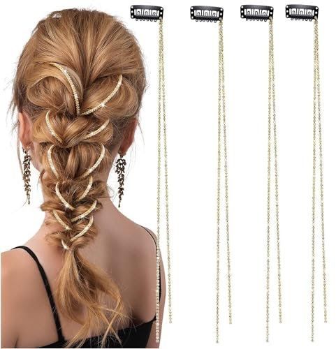 QIUMING 4 Stücke Strass Haarketten Für Frauen Quaste Haarspangen Ketten Goldr Kristall Quaste Haarspange Kette glitzer Glitzer Strähnen Haare Für Den Täglichen Gebrauch von Mädchen (A Gold)