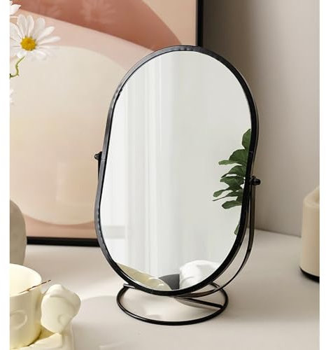 BZCKBZ Tisch-Schminkspiegel Aus Schmiedeeisen, Um 36o° Drehbarer Hochauflösender Schminkspiegel, Ovaler Tisch-Stehspiegel(Black)