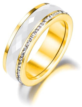 FUSHENGTER Ringe Ring Damen Finger Frauen Herren Geschenk Klassischer Ring Aus Keramik In Weiß Und Schwarz Mit Cz-Kristallen Für Damen,9 R18056G
