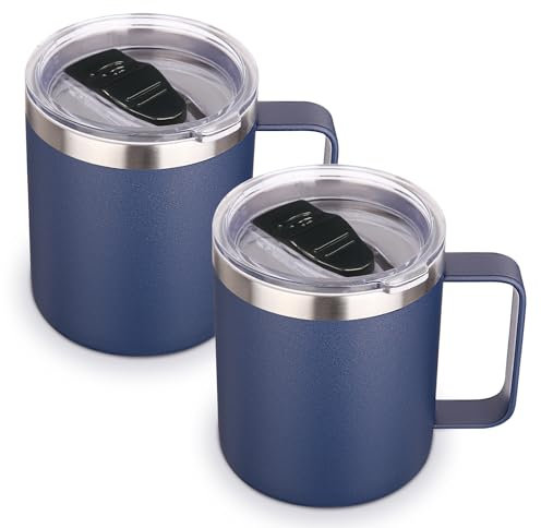 Volhoply 14oz Insulated Stainless Steel Coffee Mug with Lid Bulk 2 Pack,Double Wall Vacuum Travel Coffee Cup with Handle,Reusable Metal Tumbler,Camping Mugs Keep Hot,Christmas Gifts(Navy,2)