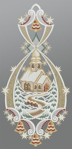 Plauener Spitze Fensterbild Kirche im Winterwald (BxH) 17cm x 36cm, Mehrfarbig, Fensterdekoration und Fensterschmuck