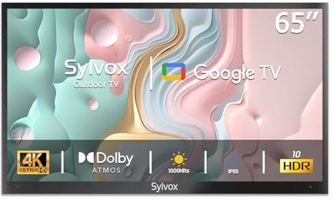 SYLVOX 65 Pouces TV Extérieur, Smart Google Télévision Étanche IP55, 4K UHD 1000 Nits, DVB-T2/S2/C, HBBTV, WiFi, Google Assistant, Outdoor Téléviseur pour Pool, Jardins, Terrasse (Deck Pro 2.0)