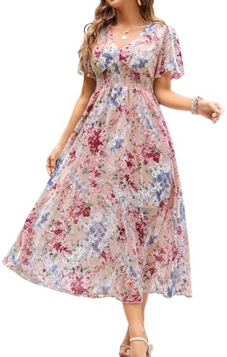 Langes Chiffon-Kleid für Damen, Blumendruck, V-Ausschnitt, Lange Ärmel, für Hochzeitsgäste, Party, lässiges Kleid aus Chiffon
