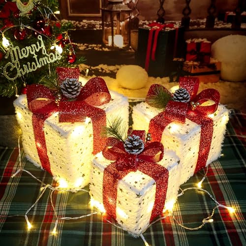 Kwaiffeo - Juego de 3 cajas de regalo de Navidad iluminadas, 140 LED, adornos luminosos para el árbol de Navidad, chimenea, mesa, habitación, decoración de interiores, color blanco cálido