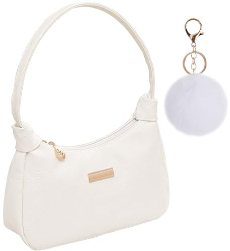 GWAWG Schultertaschen für Damen, Nylon-Umhängetasche, Damen-Unterarmtasche, Mini-Handtaschen mit Pompon-Schlüsselanhänger und Reißverschluss, Geschenk für Weihnachten, Geburtstag und Jahrestag, weiß,