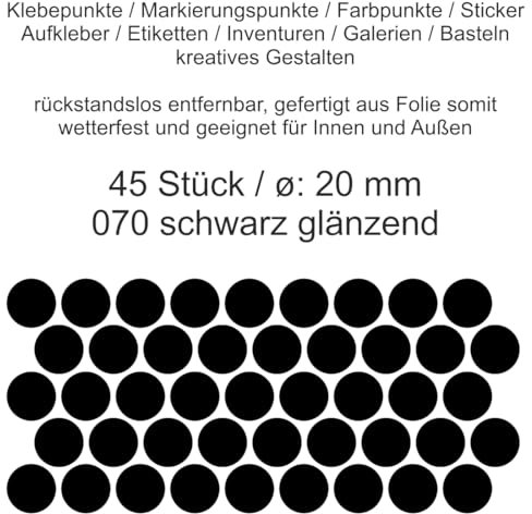 Aufkleber Etiketten Klebepunkte aus Folie schwarz matt/glanz glänzend/metallic Durchmesser 5mm/10mm/15mm/20mm/25mm/30mm/35mm selbstklebend farbig wetterfest (Schwarz glänzend, 20 mm)