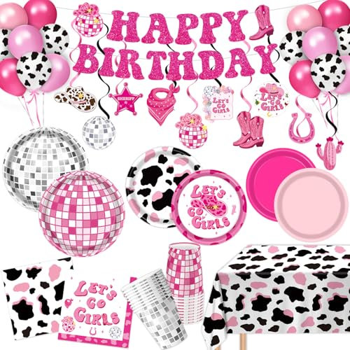 131 PCS Cowgirl Birthday Party Decorations Disco Cowgirl Party Decorations - Includes Plates, Napkins, Cups, Banner, Hanging Swirl, Tablecloth, Balloon for Western Cowgirl Party Decorations, Serve 24