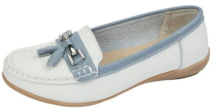 Ladies Nautical Wide FIT Leather Smart Loafer Tassel Moccasin Flat Slip On Comfort Shoe Size 3-8 (White/Baby Blue, UK Footwear Size System, Adult, Women, Numeric, Wide, 6)