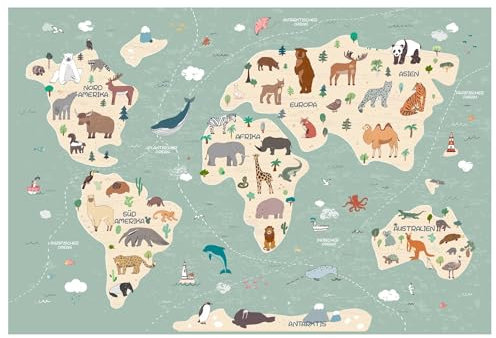 Kidsmood - Selbstklebende Tapete für Kinderzimmer, Fototapete mit Tieren aus aller Welt, Ideale Kinderzimmer Deko für Mädchen und Jungen, Schadstofffreie Vliestapete in lebendigen Farben, 208x220 cm