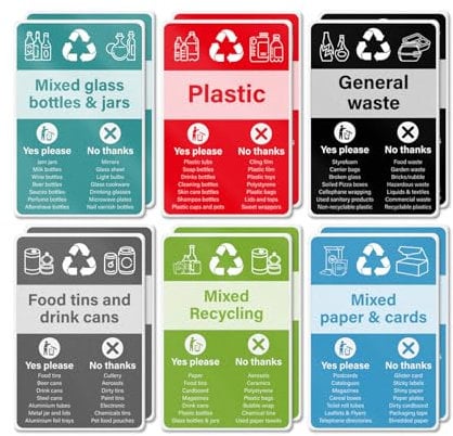 YIKIADA Mixed Pack of 12 Multi Recycling Bin Stickers 150 × 100 mm Vinyl Removable Waterproof Self Adhesive Decal for Home Office Window Outdoor Indoor