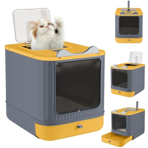 XANNI Geschlossene Katzentoilette für Katzen, faltbar, aus PP, mit abnehmbarem Tablett und Schaufel, Eingangstür oben, mit Ohren und Katzenholz
