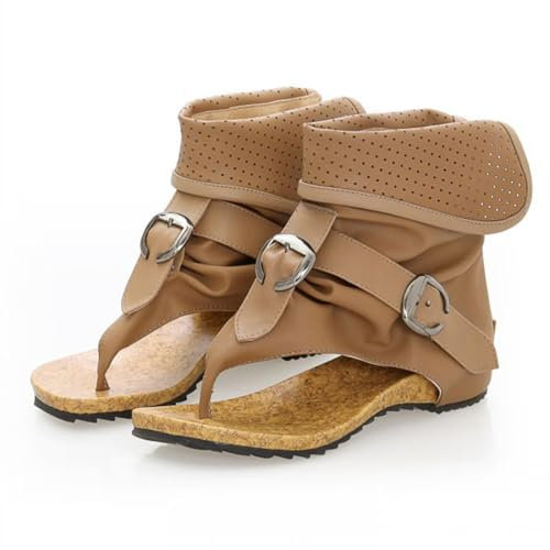 BWGHBH Stivaletti Di Sandalo Estivi da Donna-Sandali Piatti da Gladiatore Vintage-Eleganti Infradito Stivali Leggeri con Suola Morbida(kaki.EU38)