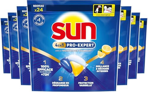Sun - Pro Expert - Pastilles Lave Vaisselle - 168 capsules - Action 4 en 1 - Citron - Elimine 100% des taches brûlées de +72h - dégraissent en Profondeur - 7x24 capsules