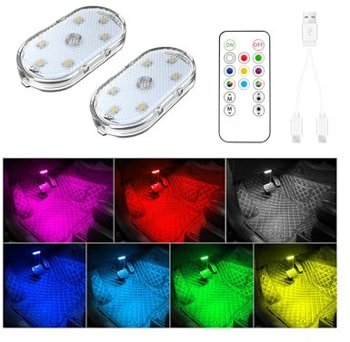 2 Pezzi Luci a led per auto con telecomando, 7 colori auto luci led interni, illuminazione ambiente interno auto, USB ricaricabile auto luce interna di lettura, luci led portatili per auto