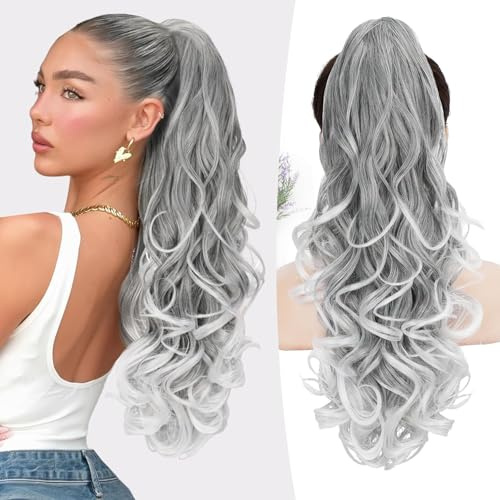 YEESHEDO Pferdeschwanz Haarteil Clip Extensions mit Kordelzug Lang Wellig Schwarz Mix Weiß Haarverlängerunge Natürliche Perücke Afro Lockige Ponytail fuer Zopf (2#)