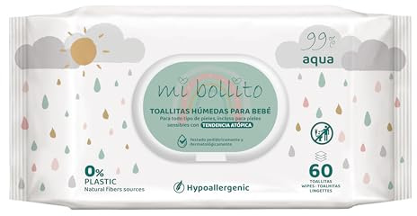 Mi Bollito - Toallitas Bebé - 99% aqua pure - 100% Fibras Vegetales - 240 Toallitas - 4 paquetes - ayudan a restaurar el PH Neutro de la piel del bebé - Ideal para piel Sensible y Atópica.