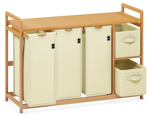AdelDream Wäschekorb 190L, 5 Fächer Wäschesammler mit Ablage, Bambus | Wäschesortierer mit 3 x 50L Säcken, 2 x 20L Boxen, abnehmbar, Beige
