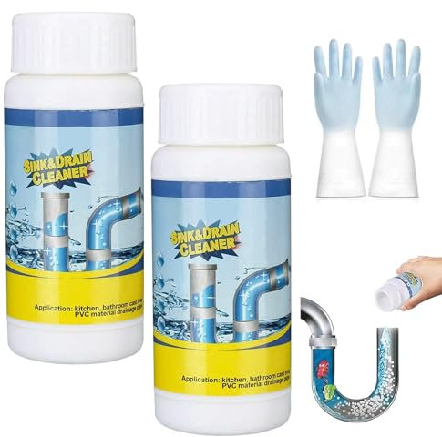 2 Pcs Wild Sink and Drain Cleaner Powerful & Effective Pipe Unblocker with Fresh Scent Suitable for Kitchen Bathroom Toilet and Floor Drains (110g) with 1 Pair of Gloves