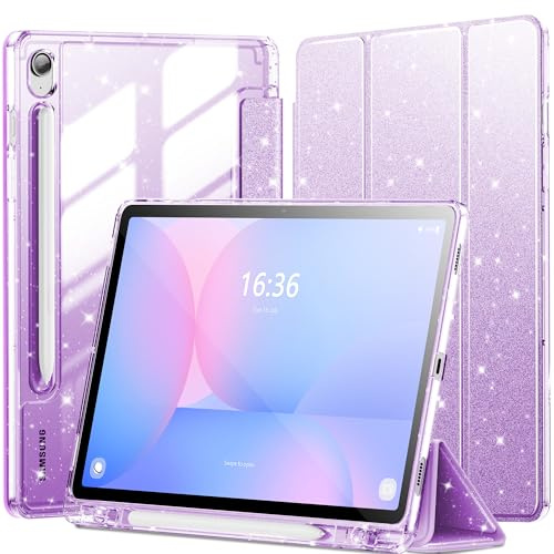 INFILAND Case for Samsung Galaxy Tab S10 Lite/S10 FE/S9 FE 5G 10.9 Inch/Tab S9 11 Inch with S Pen Holder, Glitter Cute Cover with Sparkly Clear Back [Auto Wake/Sleep] for Girls Kids(Lilac Purple)