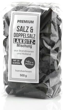 Mélange Premium de réglisse salée 500g. Salé et double salé. Spécialités de réglisse sélectionnées à la main en provenance de Scandinavie et des Pays-Bas. En cadeau ou pour se faire plaisir