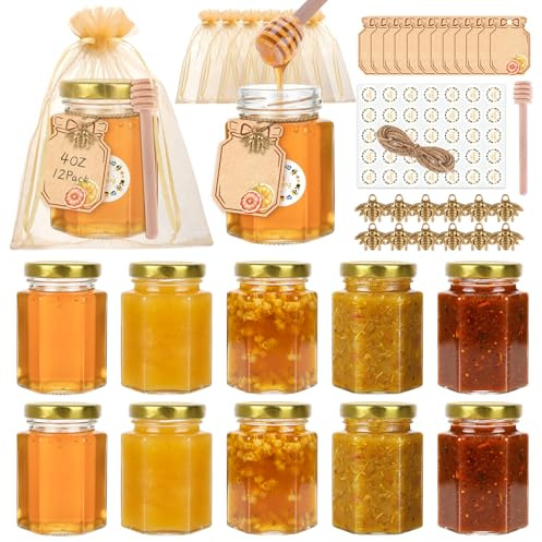 igoelove 120ml Glass Jam Jars with Lids,12 Pack -Airtight Hexagon Food Grade Containers for Preserves,Honey,jellies,Chutneys,Spices | Reusable Wedding Favours & Gift Jars
