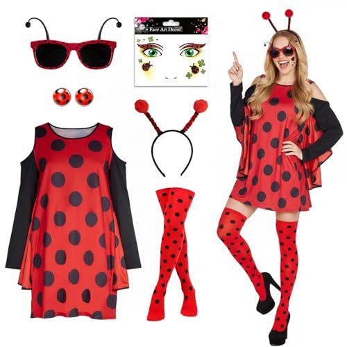 ZJKUBOIS Faschingskostüme Damen Marienkäfer, Ladybug Accessoires mit Tattoo Gesicht, Ohrringe, Haarreif, Brille,Socken, Marienkäfer Kostüm Erwachsene für Karneval Kostüm Damen,Mottopartys&Cosplay (XL)