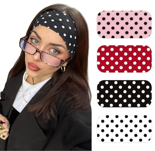 Muorruo 4er-Pack Damen-Stirnbänder mit Polka-Dots – Dehnbare, rutschfeste Haarbänder für Damen, modische, weiche und breite Haarbänder, ideal für Yoga, Workout, Laufen und den Alltag