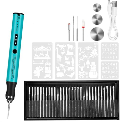 Cordless Engraving Pen, 3-Speed Electric Engraving Tool Kit, Engrave 50+ Surfaces, with 30 Small Drill bits, 7 Grinding Accessories and 5 Engraving Templates, USB Charging for Wood Resin Stone Jewelry