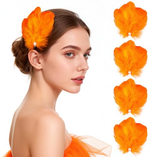 MWOOT 4 Stück Feder Haarspangen für Karnevalskostüme, Orange Federhaarschmuck für Damen und Mädchen, Perlenhaarschmuck für Braut, Hochzeit, Cosplay und Partys