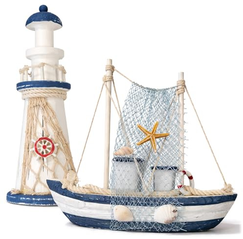 com-four® 2-teiliges Maritimes Dekorationsset Leuchtturm und Fischerboot aus Holz - nautische Tischdeko im Küstenstil - Maritime Meer Deko für Zuhause (2 Stück Segelboot/Leuchtturm - Weiss/blau)