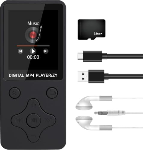 MP3 Player Bluetooth 5.3 mit 32GB Speicherkarte, Tragbarer Musikplayer | 1,8 Zoll TFT Display, HiFi Klang, Lautsprecher, FM Radio, Aufnahme, Video, E-Book, Bis 128GB Erweiterbar, Lange Akkulaufzeit