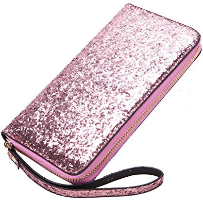 BESTOYARD Lange Reißverschluss Portemonnaie Glitzer Fashion Geldbörse Handtasche mit Handschlaufe für Damen Mädchen (Rosa)