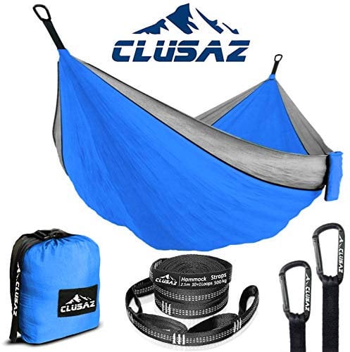 CLUSAZ Amaca Doppia 300 x 200cm, 2 Persone Amaca Campeggio Paracadute con 2 Cinghie per Alberi, 2 Moschettoni, Portatile Interno e Esterno Amaca Matrimoniale, per Viaggio, Trekking, da Giardino