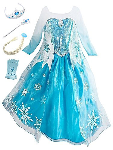 Eleasica Petites Filles Robe Longue Déguisements Manches Longues Princesse Elsa Reine des Neiges Costume et Accessoires Diadème Gants Baguette Magique et Tresse Bleu Robe de Soirée, Bleu, 140